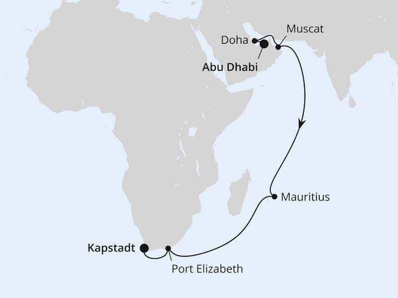  { Von Abu Dhabi über Mauritius nach Kapstadt